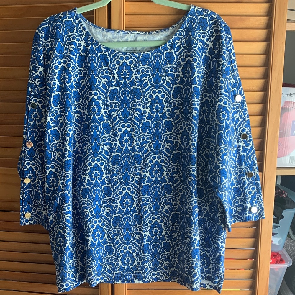 Talbots Royal Blue and White Printed Tunic Top
